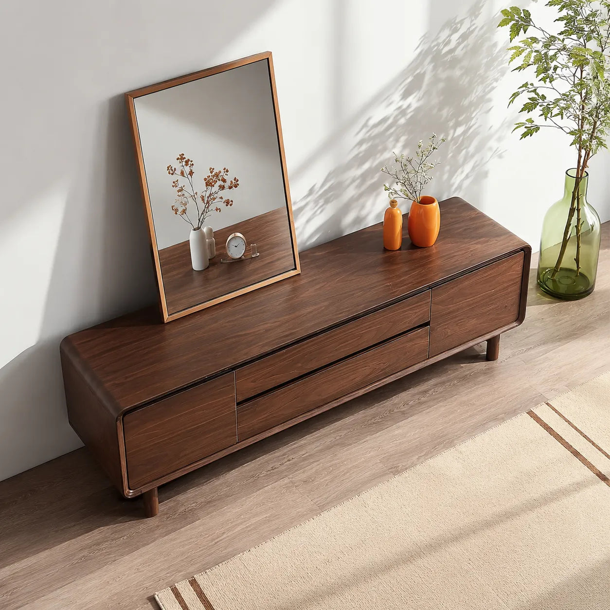 Rounded Natural Solid Wood TV Stand with Wide Drawer Storage Design - Livewoodcraft - 7