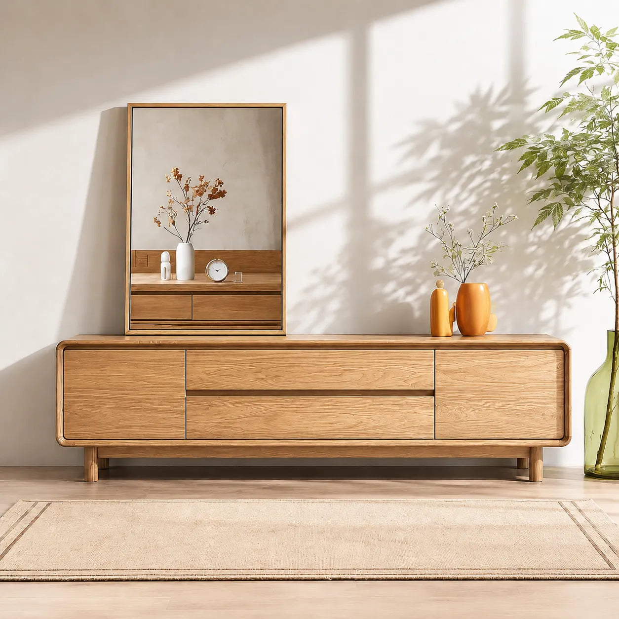Rounded Natural Solid Wood TV Stand with Wide Drawer Storage Design - Livewoodcraft - 8