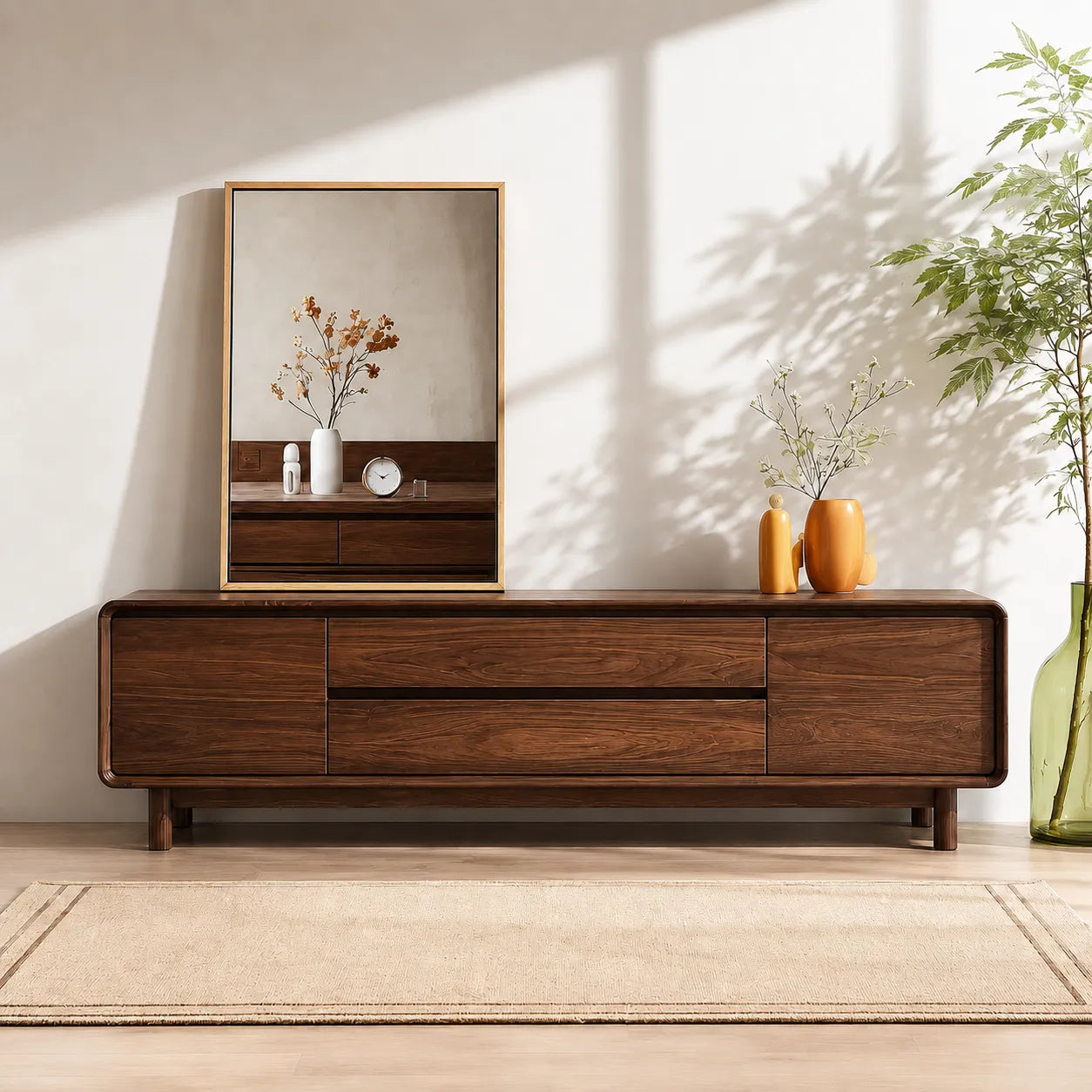 Rounded Natural Solid Wood TV Stand with Wide Drawer Storage Design - Livewoodcraft - 9