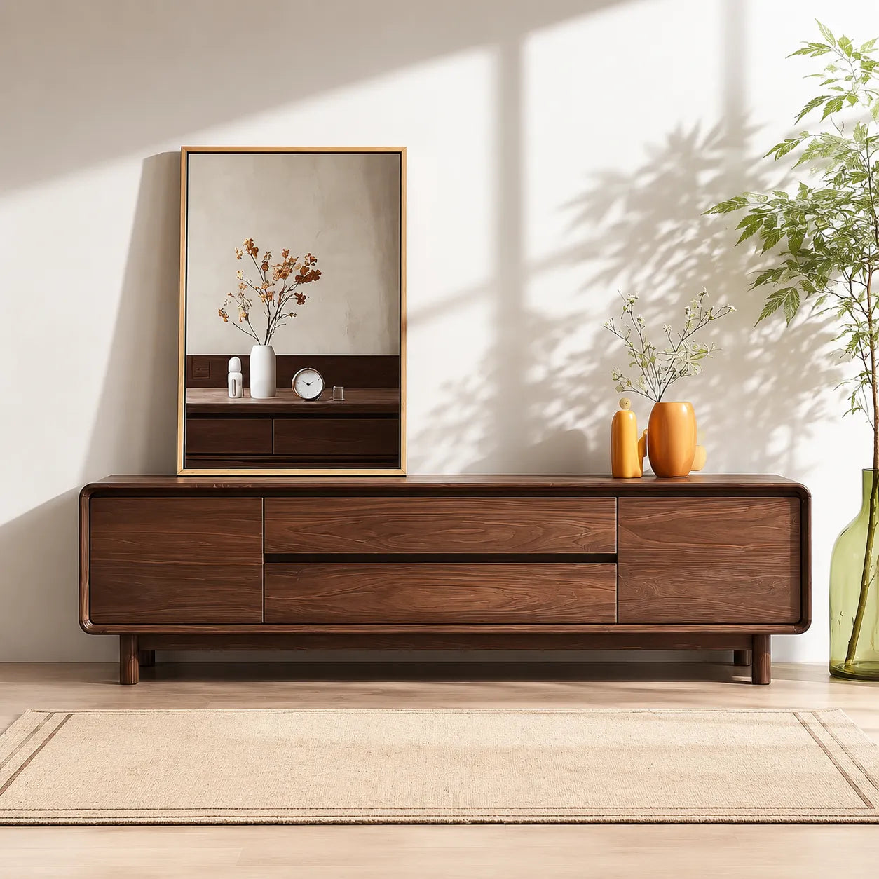 Rounded Natural Solid Wood TV Stand with Wide Drawer Storage Design - Livewoodcraft
