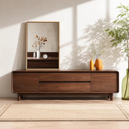 Rounded Natural Solid Wood TV Stand with Wide Drawer Storage Design - Livewoodcraft