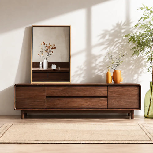 Rounded Natural Solid Wood TV Stand with Wide Drawer Storage Design - Livewoodcraft