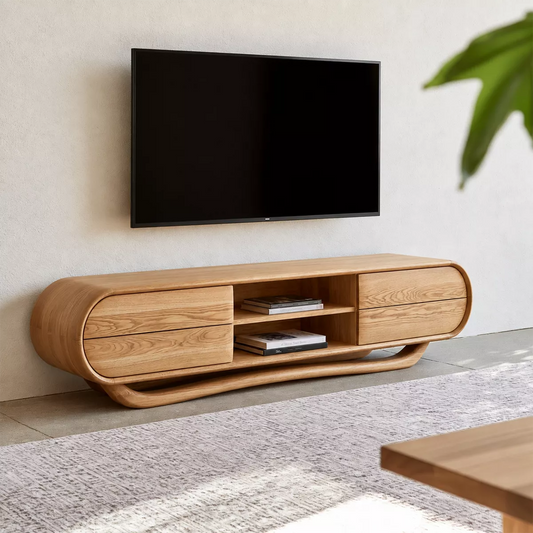 Rounded Oak Wood TV Stand With Center Open Shelf And Side Drawer Storage For Living Room - Livewoodcraft