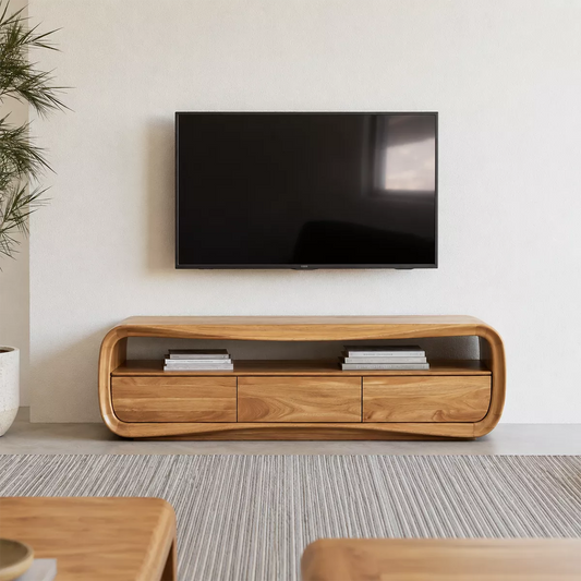 Rounded Oak Wood TV Stand With Open Media Shelf And Hidden Drawer Storage For Living Room - Livewoodcraft