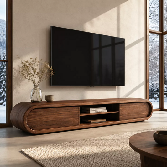 Rounded Solid Wood TV Stand With Center Open Shelf And Hidden Side Storage For Living Room - Livewoodcraft