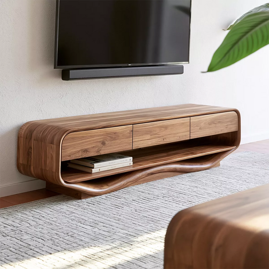Rounded Solid Wood TV Stand With Open Lower Shelf And Hidden Drawer Storage For Living Room - Livewoodcraft