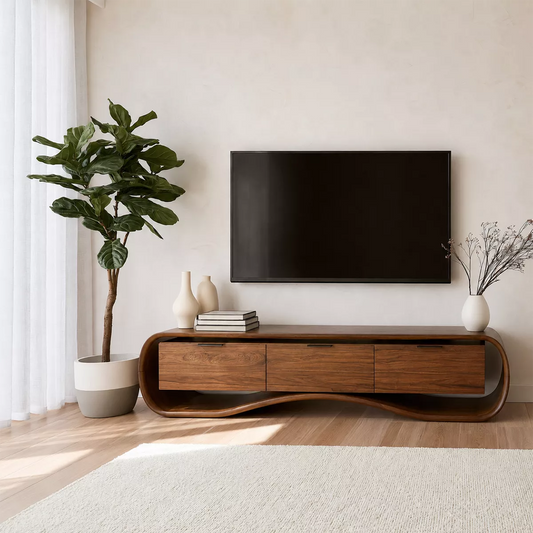 Rounded Walnut Wood TV Stand With Curved Base And Hidden Drawer Storage For Living Room - Livewoodcraft