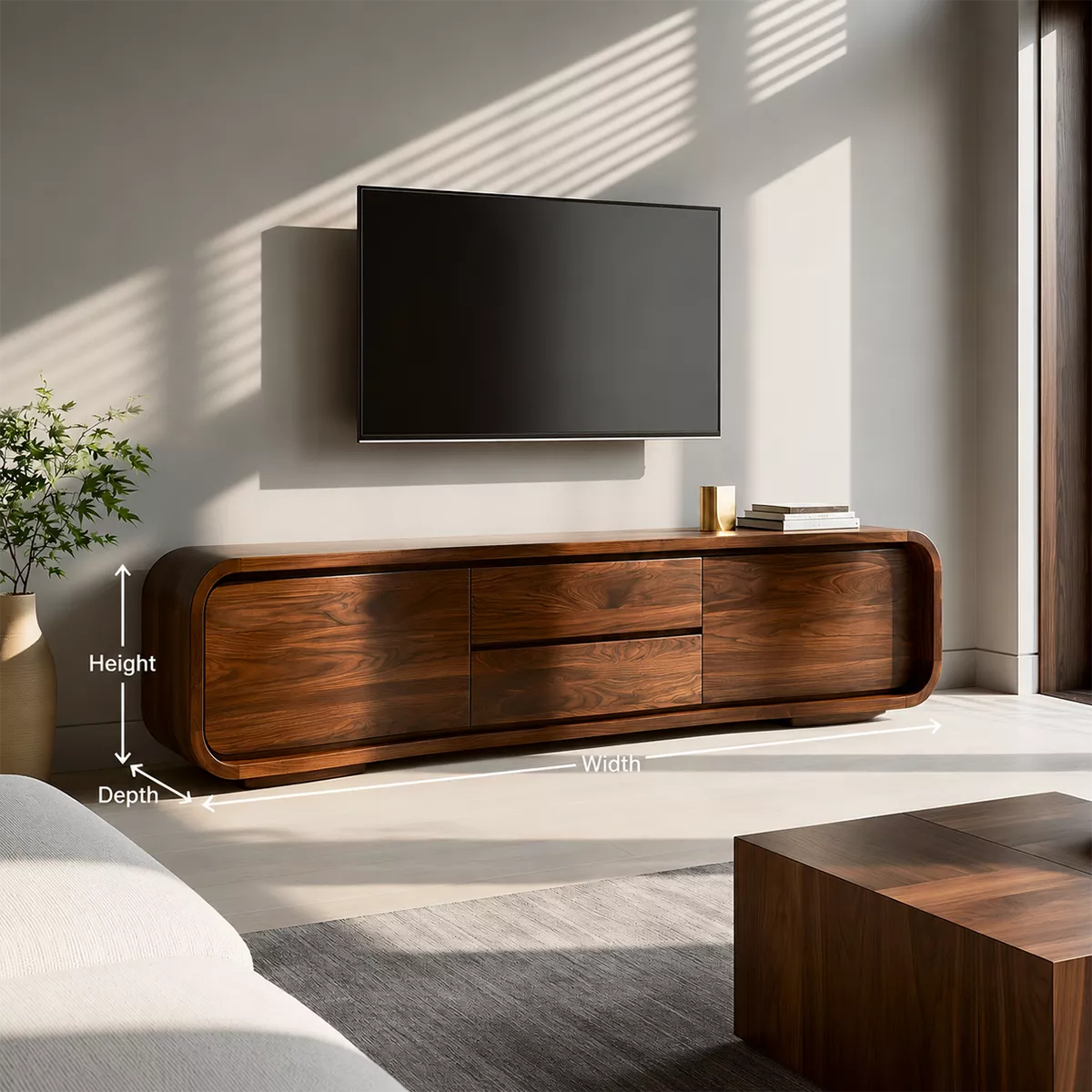 Rounded Walnut Wood TV Stand With Hidden Drawer Storage For Modern Living Room - Livewoodcraft - 10