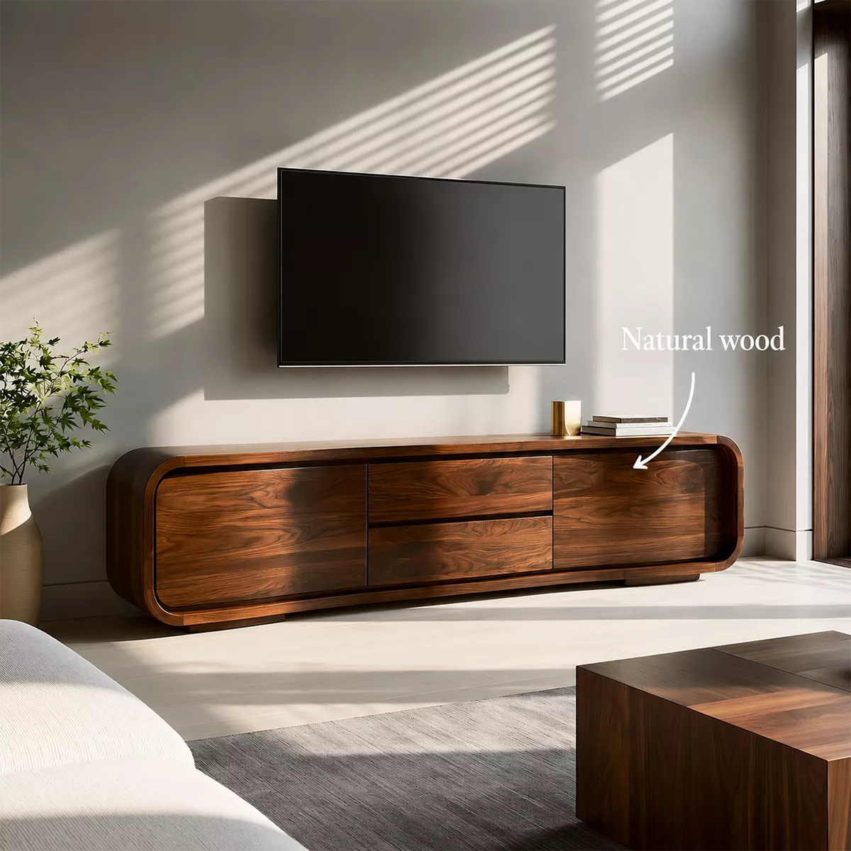 Rounded Walnut Wood TV Stand With Hidden Drawer Storage For Modern Living Room - Livewoodcraft - 11
