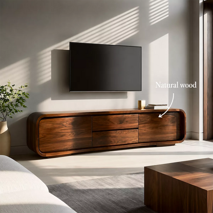 Rounded Walnut Wood TV Stand With Hidden Drawer Storage For Modern Living Room - Livewoodcraft - 11