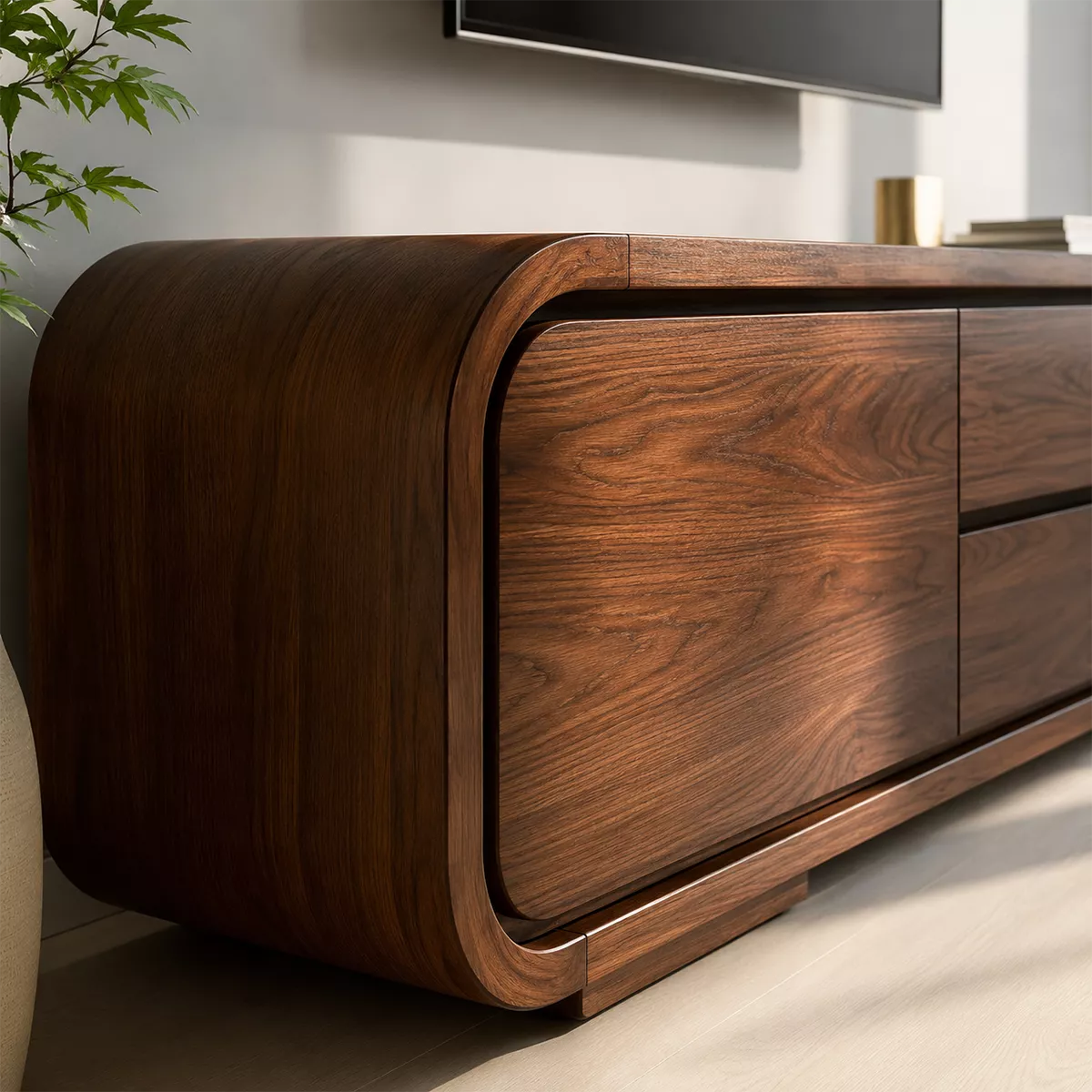 Rounded Walnut Wood TV Stand With Hidden Drawer Storage For Modern Living Room - Livewoodcraft - 2