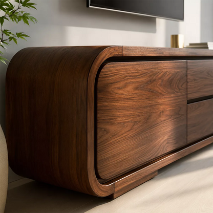 Rounded Walnut Wood TV Stand With Hidden Drawer Storage For Modern Living Room - Livewoodcraft - 2