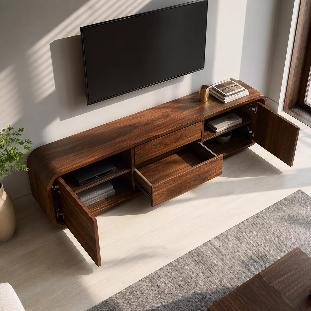 Rounded Walnut Wood TV Stand With Hidden Drawer Storage For Modern Living Room - Livewoodcraft - 3