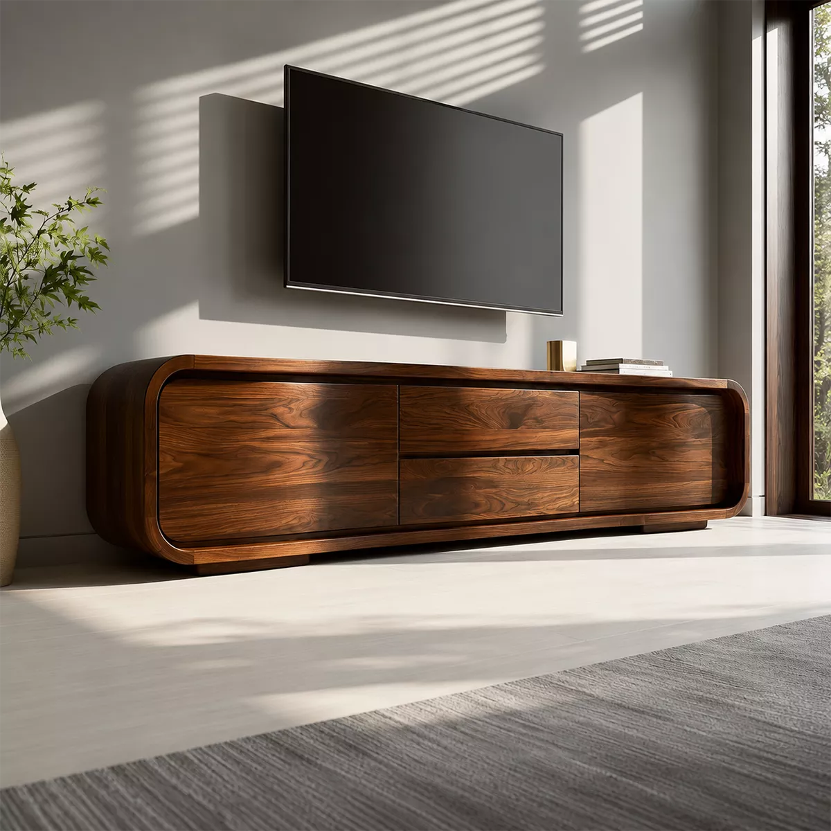 Rounded Walnut Wood TV Stand With Hidden Drawer Storage For Modern Living Room - Livewoodcraft - 4
