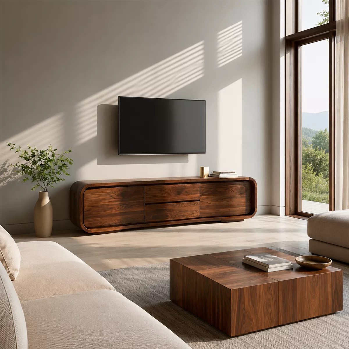 Rounded Walnut Wood TV Stand With Hidden Drawer Storage For Modern Living Room - Livewoodcraft - 5