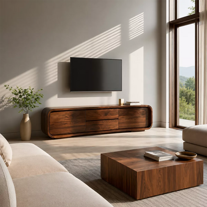 Rounded Walnut Wood TV Stand With Hidden Drawer Storage For Modern Living Room - Livewoodcraft - 5