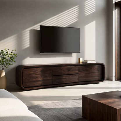 Rounded Walnut Wood TV Stand With Hidden Drawer Storage For Modern Living Room - Livewoodcraft - 6