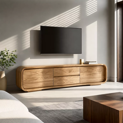 Rounded Walnut Wood TV Stand With Hidden Drawer Storage For Modern Living Room - Livewoodcraft - 7
