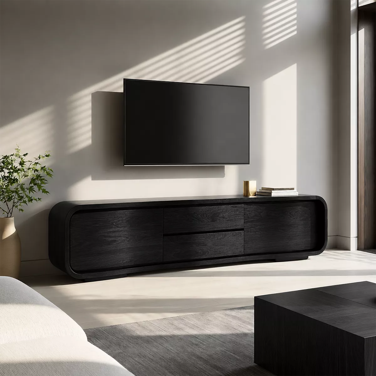 Rounded Walnut Wood TV Stand With Hidden Drawer Storage For Modern Living Room - Livewoodcraft - 8