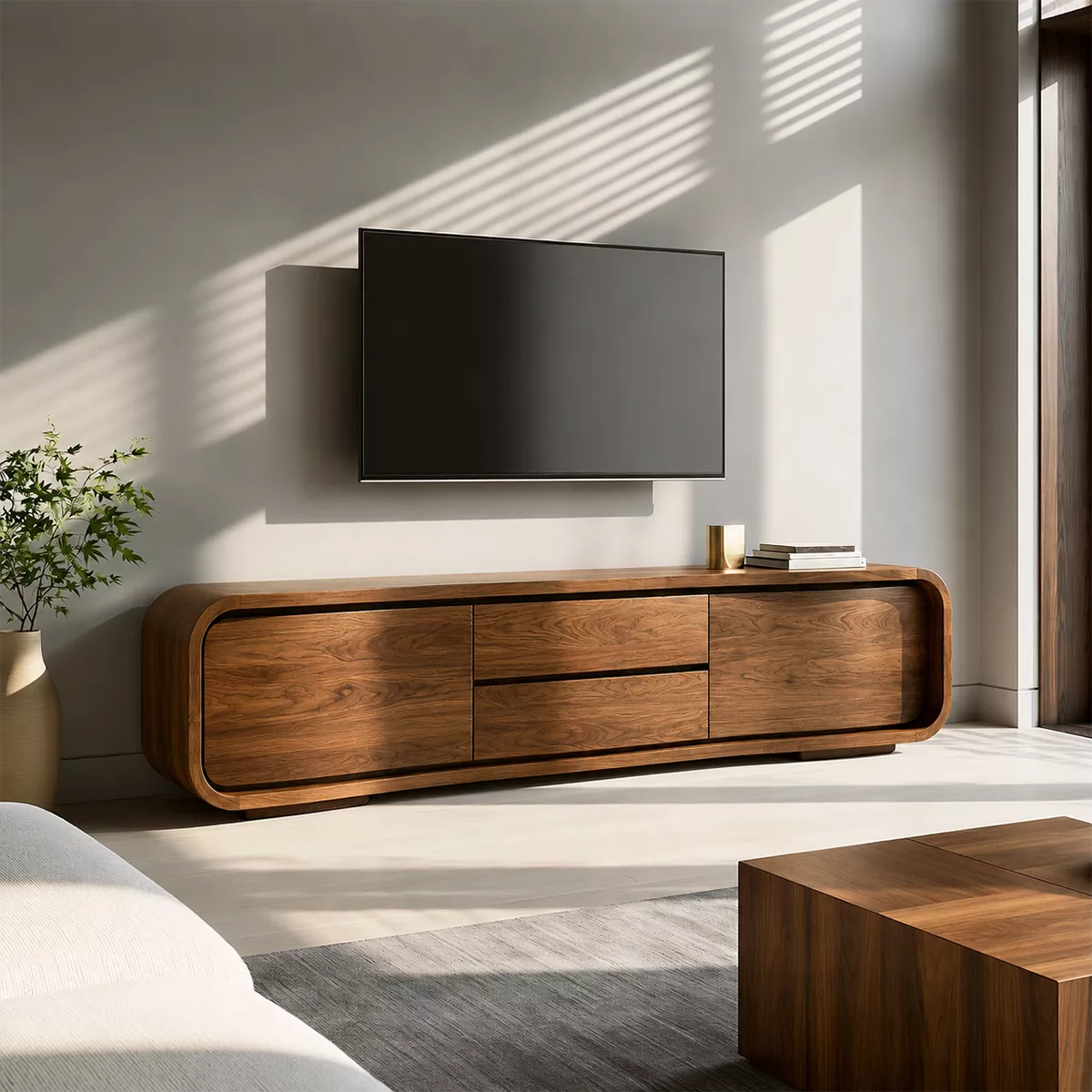 Rounded Walnut Wood TV Stand With Hidden Drawer Storage For Modern Living Room - Livewoodcraft - 9