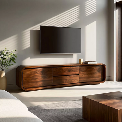 Rounded Walnut Wood TV Stand With Hidden Drawer Storage For Modern Living Room - Livewoodcraft
