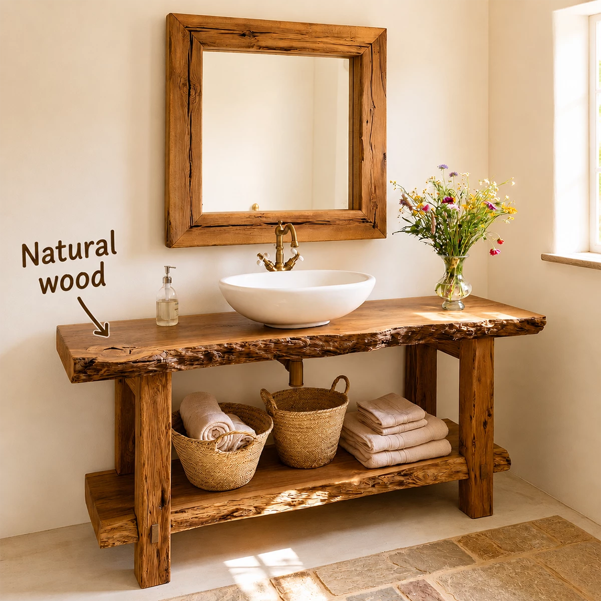 Rustic Live Edge Bathroom Vanity With Vessel Sink & Open Storage Shelf - Livewoodcraft - 10