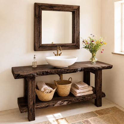 Rustic Live Edge Bathroom Vanity With Vessel Sink & Open Storage Shelf - Livewoodcraft - 2