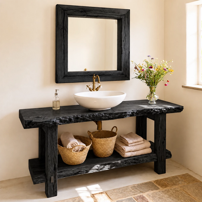 Rustic Live Edge Bathroom Vanity With Vessel Sink & Open Storage Shelf - Livewoodcraft - 3