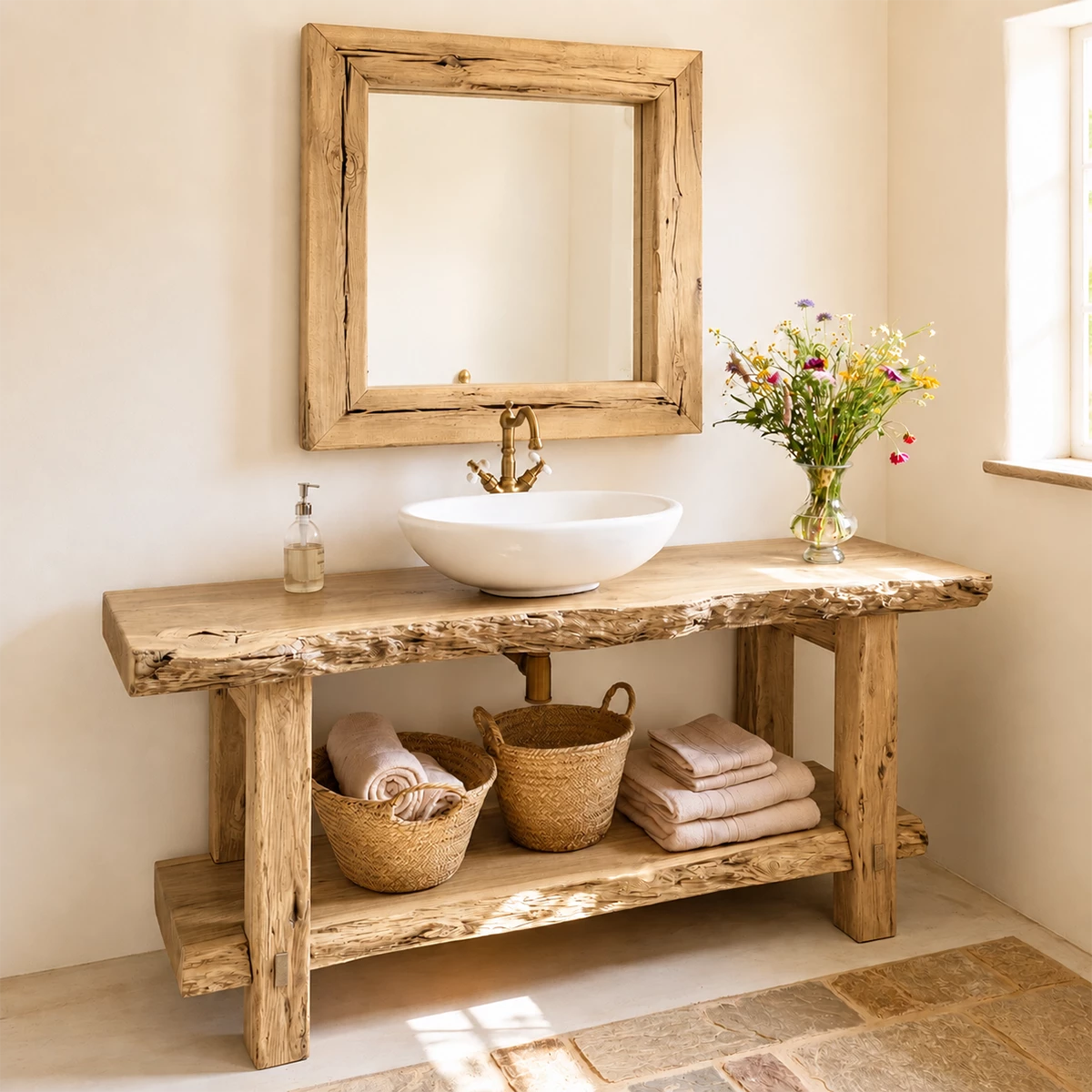 Rustic Live Edge Bathroom Vanity With Vessel Sink & Open Storage Shelf - Livewoodcraft - 4