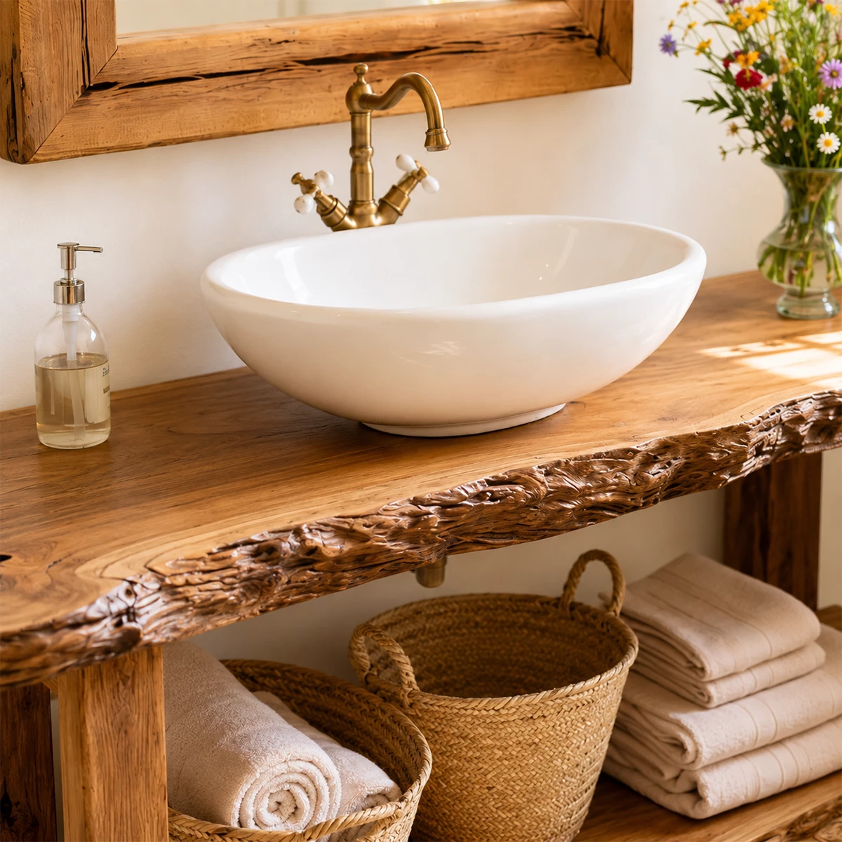 Rustic Live Edge Bathroom Vanity With Vessel Sink & Open Storage Shelf - Livewoodcraft - 5
