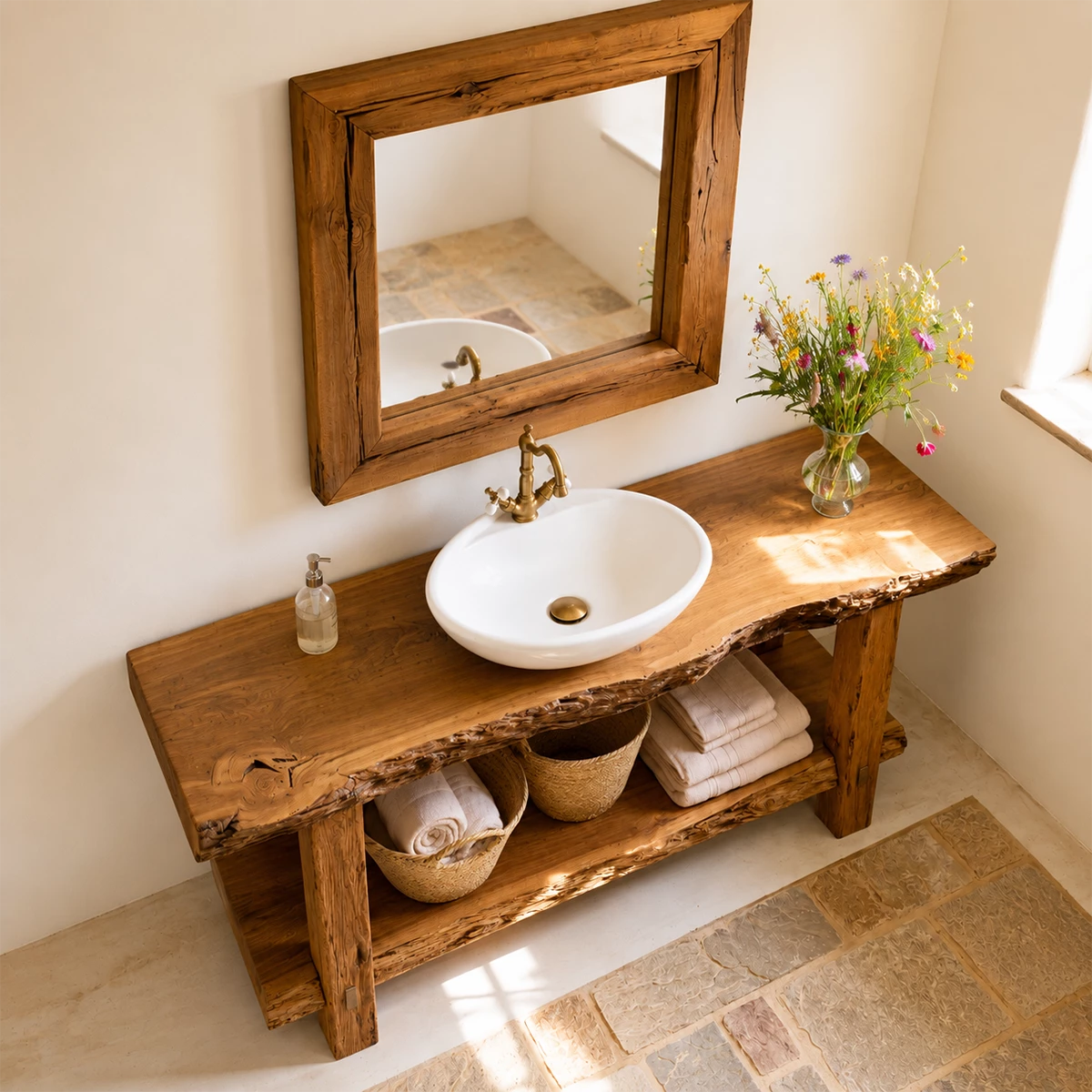 Rustic Live Edge Bathroom Vanity With Vessel Sink & Open Storage Shelf - Livewoodcraft - 6