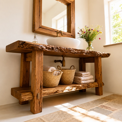Rustic Live Edge Bathroom Vanity With Vessel Sink & Open Storage Shelf - Livewoodcraft - 7