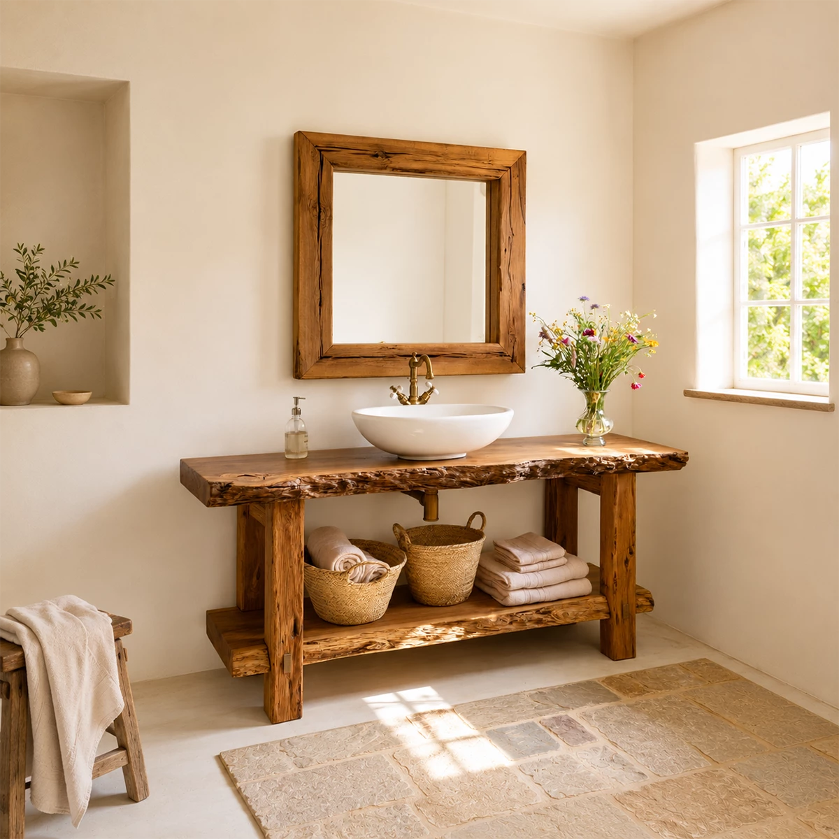 Rustic Live Edge Bathroom Vanity With Vessel Sink & Open Storage Shelf - Livewoodcraft - 8