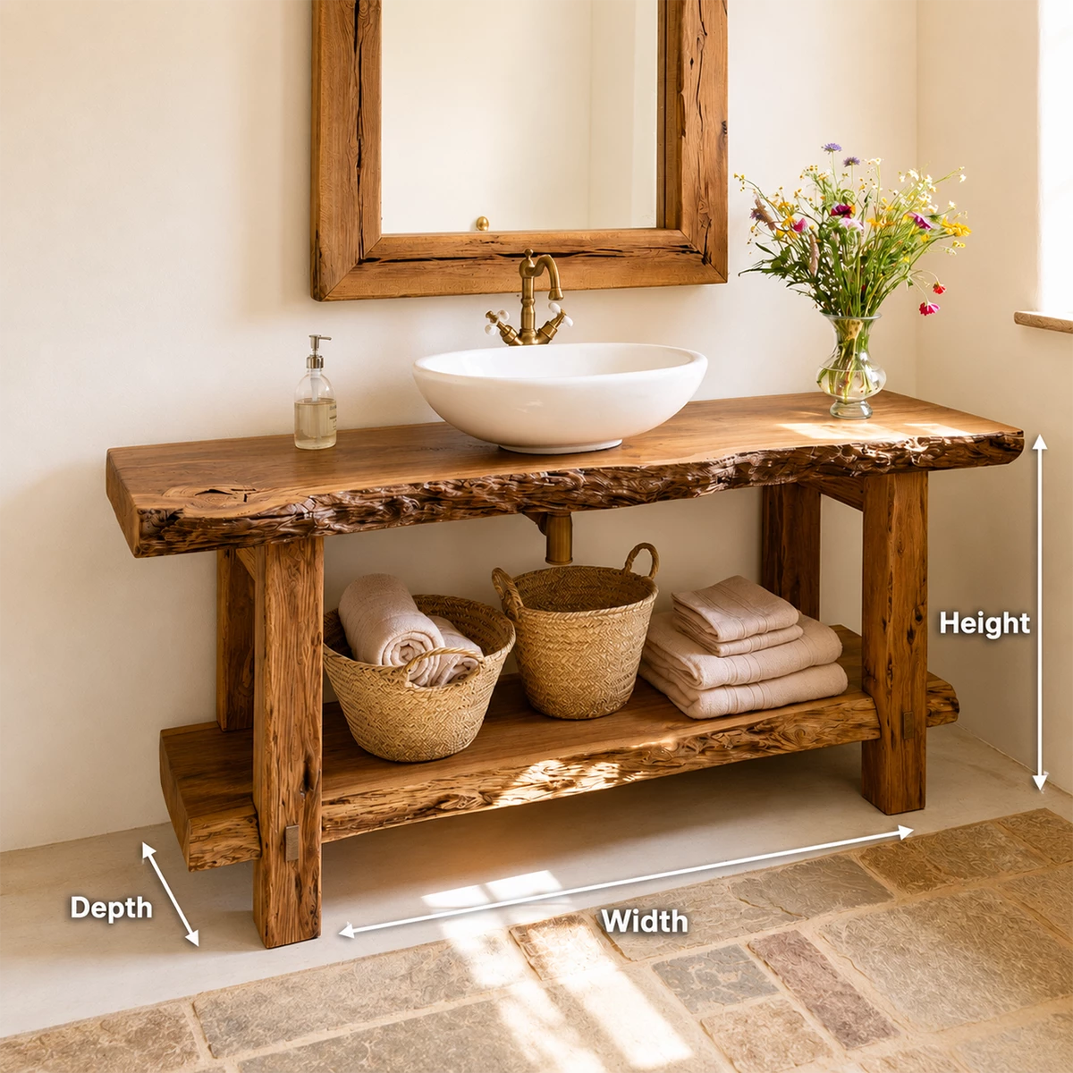 Rustic Live Edge Bathroom Vanity With Vessel Sink & Open Storage Shelf - Livewoodcraft - 9