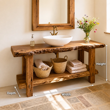 Rustic Live Edge Bathroom Vanity With Vessel Sink & Open Storage Shelf - Livewoodcraft - 9