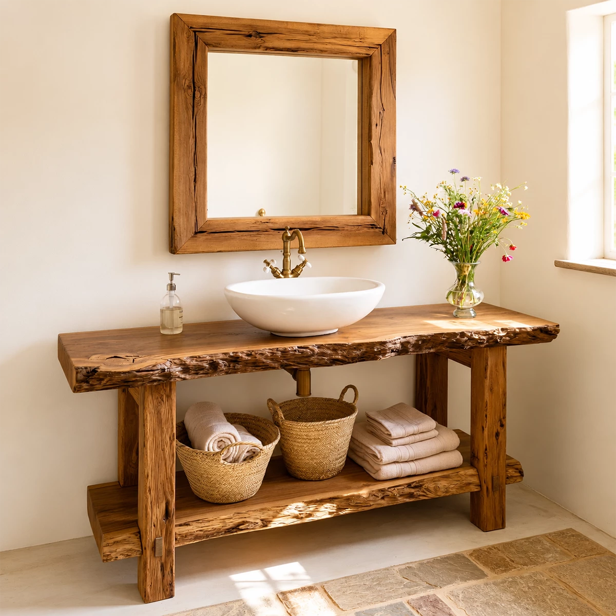 Rustic Live Edge Bathroom Vanity With Vessel Sink & Open Storage Shelf - Livewoodcraft