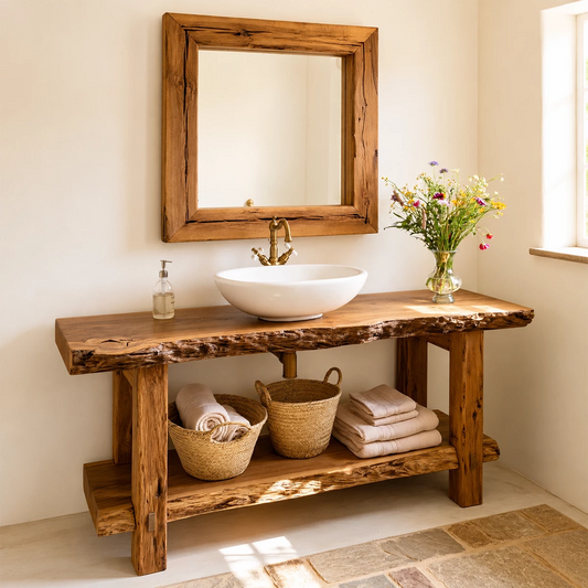 Rustic Live Edge Bathroom Vanity With Vessel Sink & Open Storage Shelf - Livewoodcraft