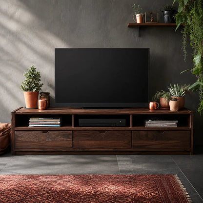 Rustic Natural Solid Wood TV Stand with Open Shelf Media Storage - Livewoodcraft - 11