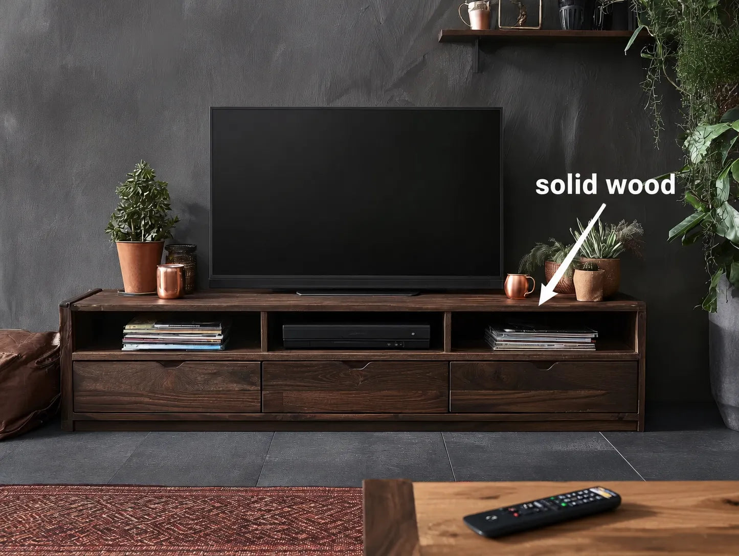 Rustic Natural Solid Wood TV Stand with Open Shelf Media Storage - Livewoodcraft - 3