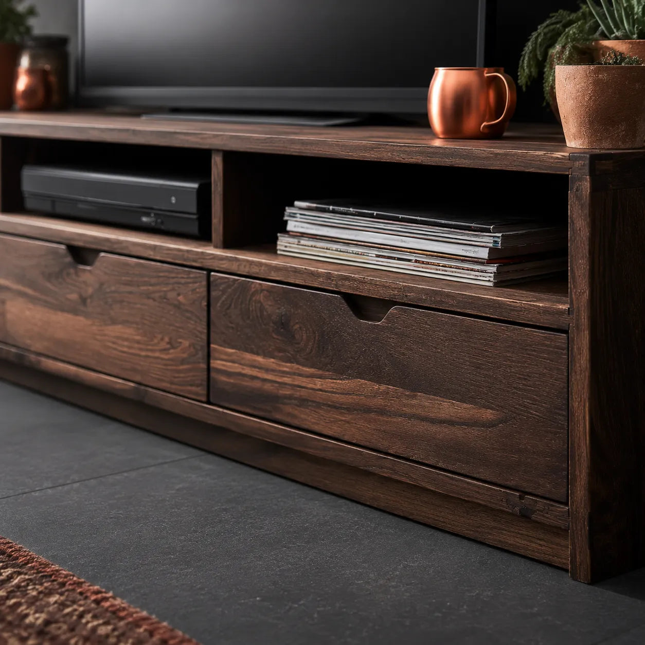 Rustic Natural Solid Wood TV Stand with Open Shelf Media Storage - Livewoodcraft - 4