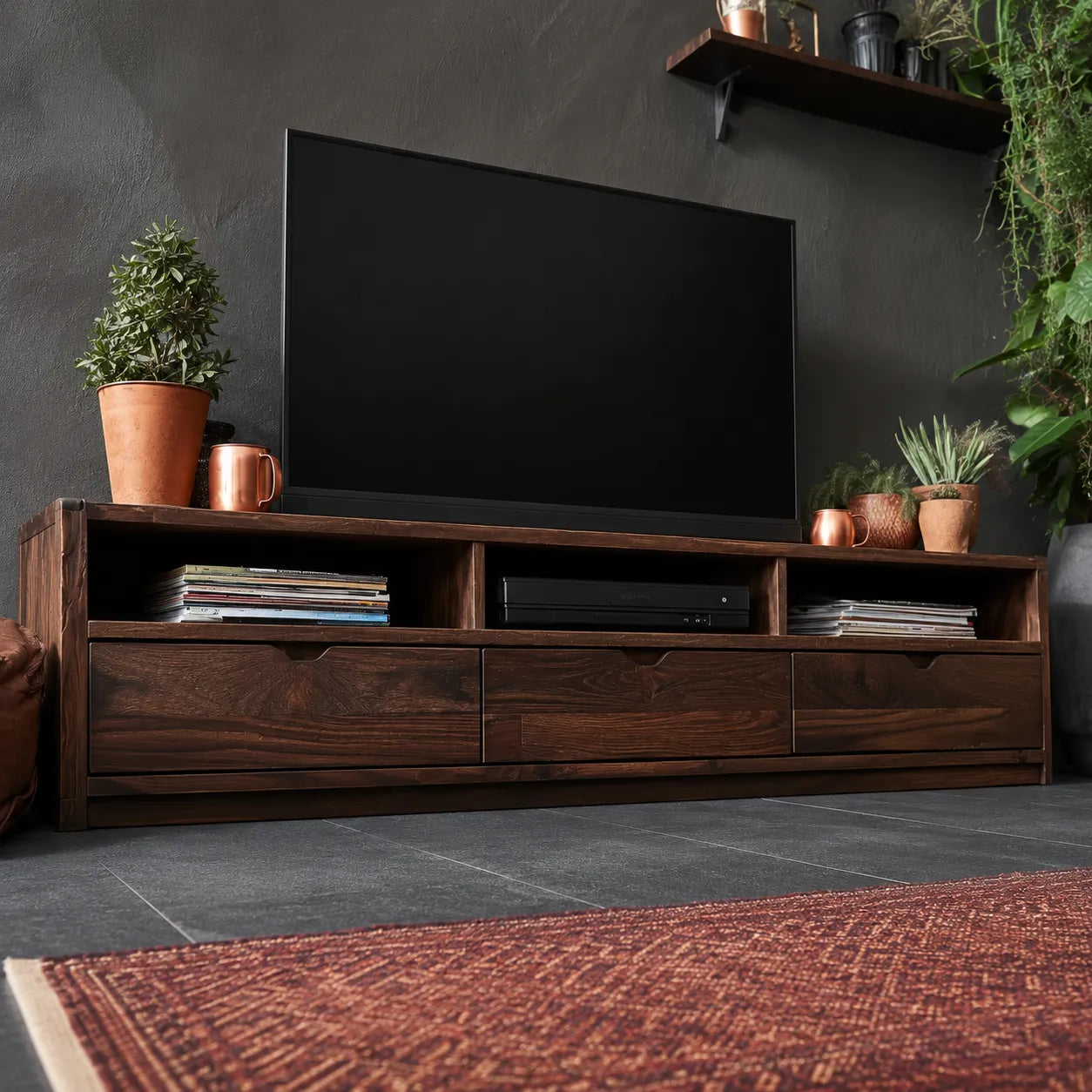 Rustic Natural Solid Wood TV Stand with Open Shelf Media Storage - Livewoodcraft - 5