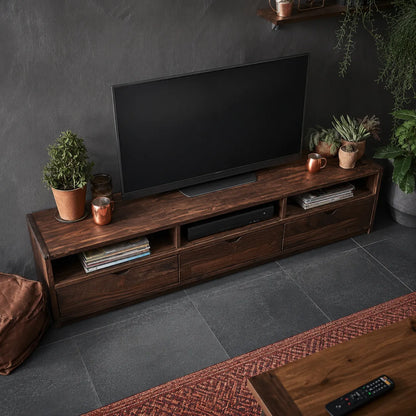 Rustic Natural Solid Wood TV Stand with Open Shelf Media Storage - Livewoodcraft - 6