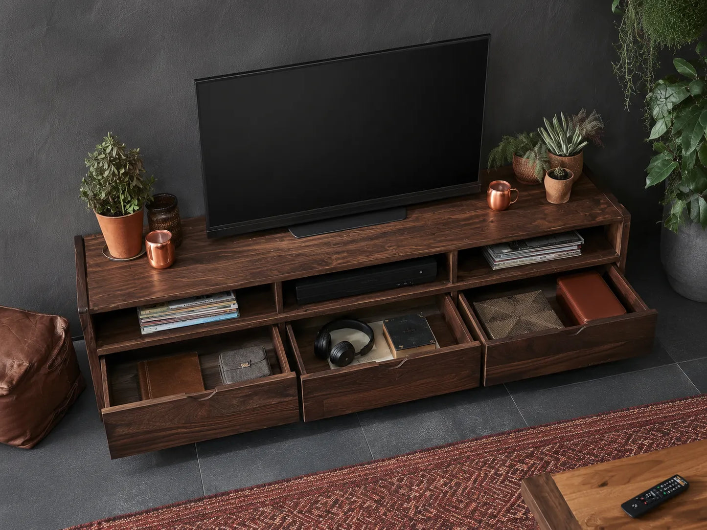 Rustic Natural Solid Wood TV Stand with Open Shelf Media Storage - Livewoodcraft - 7