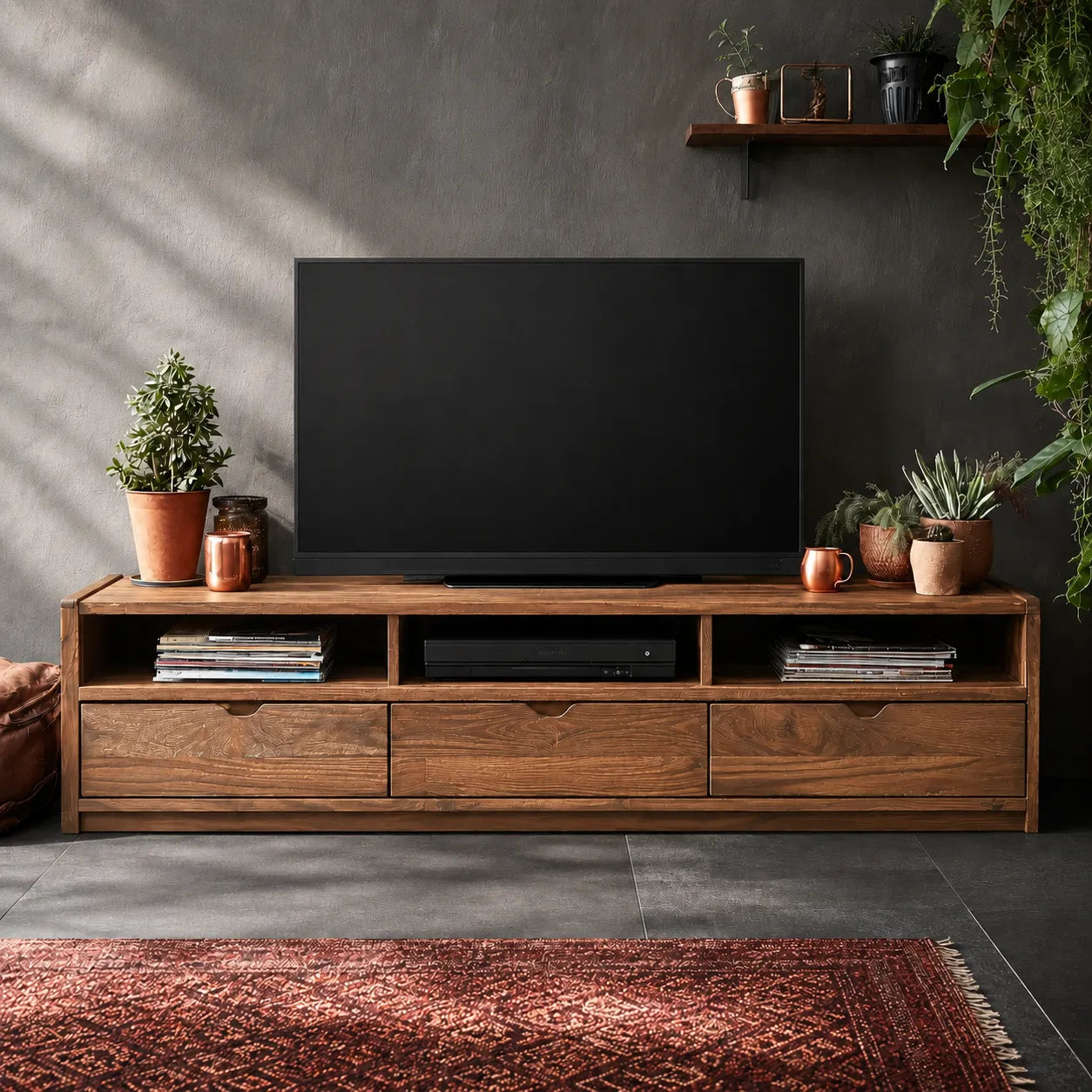 Rustic Natural Solid Wood TV Stand with Open Shelf Media Storage - Livewoodcraft - 8