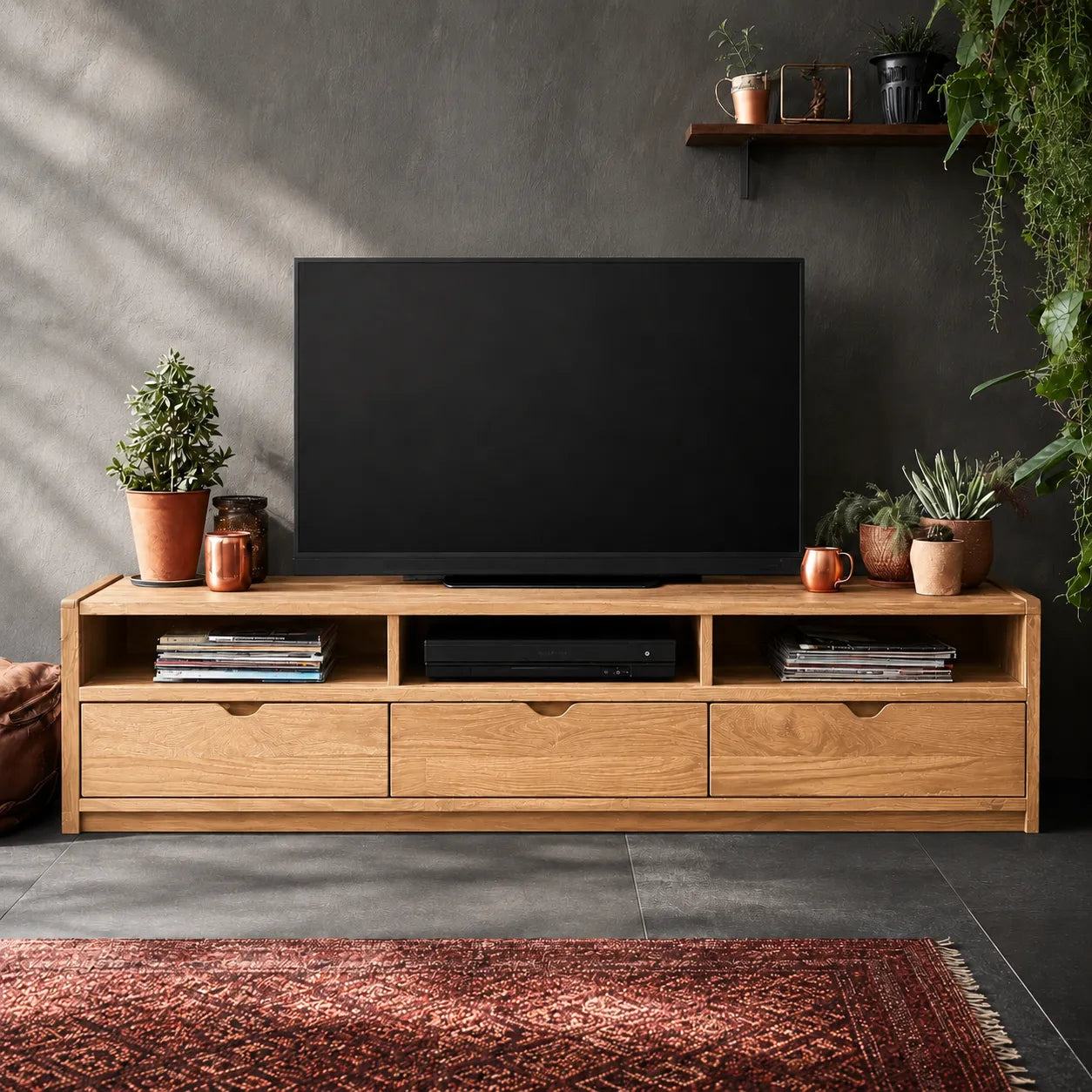 Rustic Natural Solid Wood TV Stand with Open Shelf Media Storage - Livewoodcraft - 9