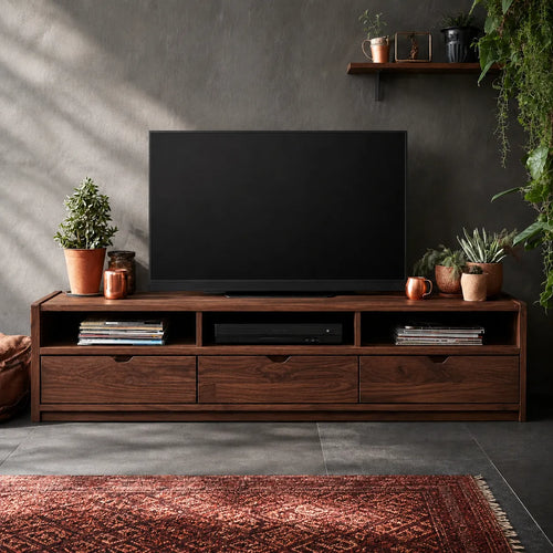 Rustic Natural Solid Wood TV Stand with Open Shelf Media Storage - Livewoodcraft