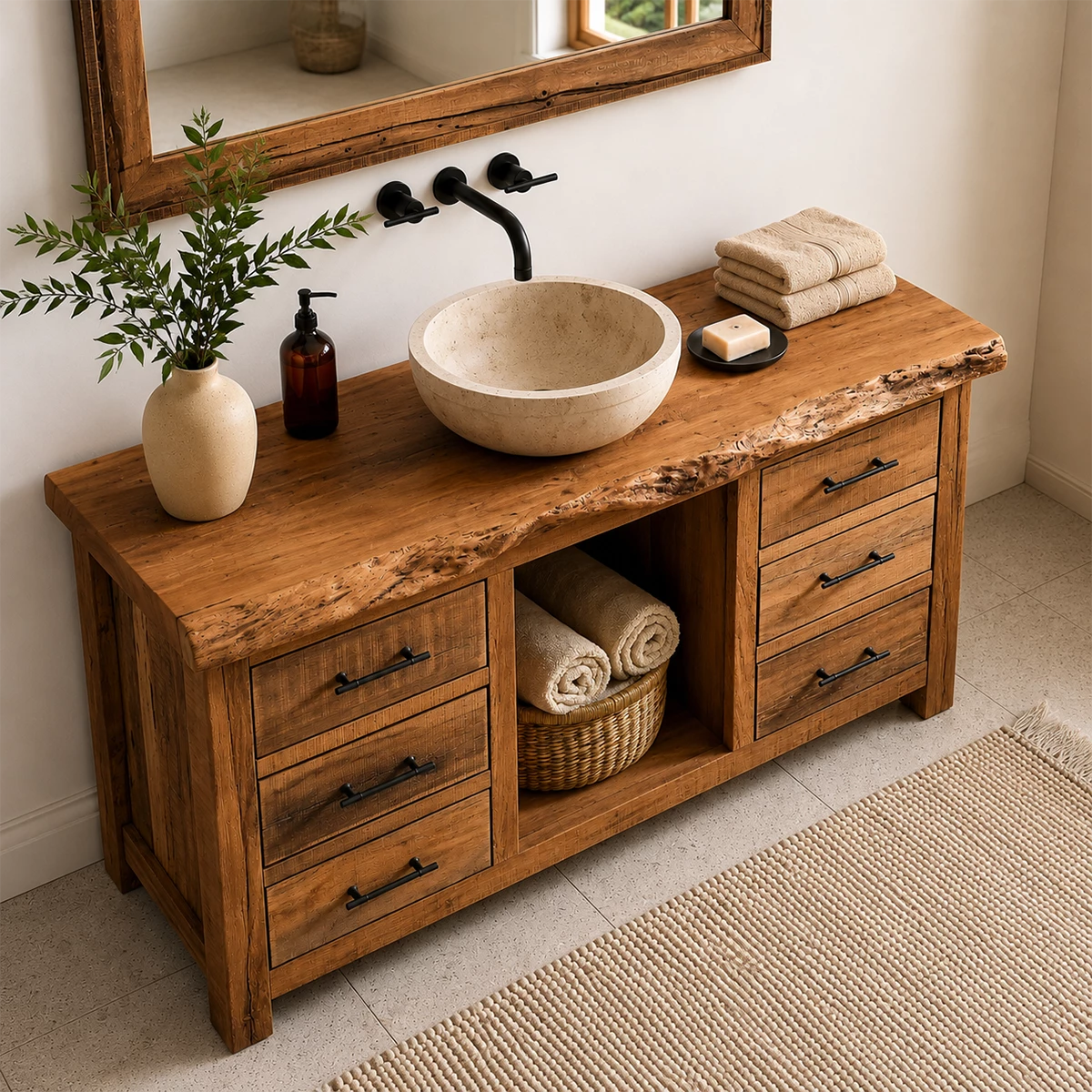 Rustic Solid Wood Bathroom Vanity With Live Edge Top & 6 Drawers - Livewoodcraft - 10