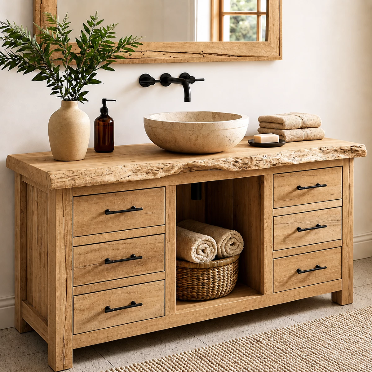 Rustic Solid Wood Bathroom Vanity With Live Edge Top & 6 Drawers - Livewoodcraft - 2