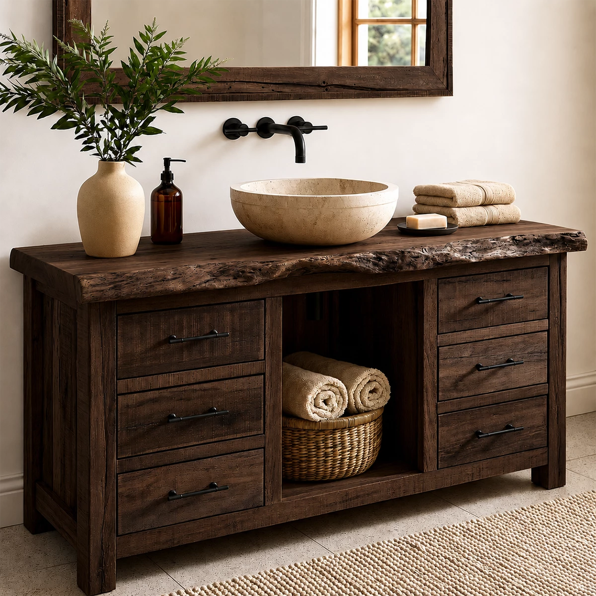 Rustic Solid Wood Bathroom Vanity With Live Edge Top & 6 Drawers - Livewoodcraft - 4