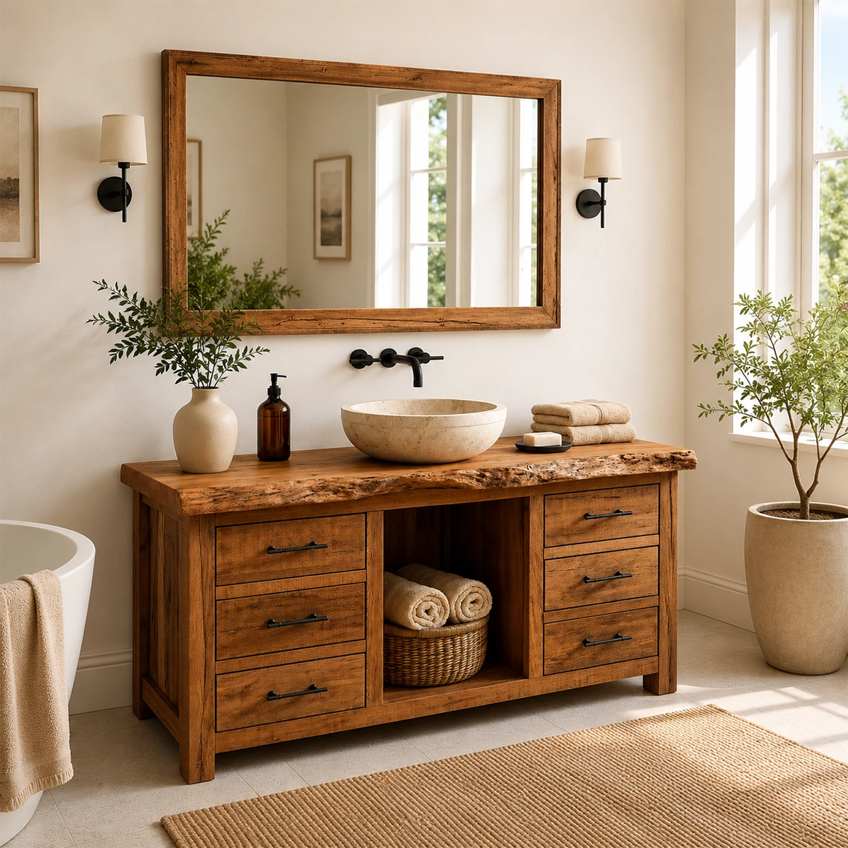 Rustic Solid Wood Bathroom Vanity With Live Edge Top & 6 Drawers - Livewoodcraft - 5